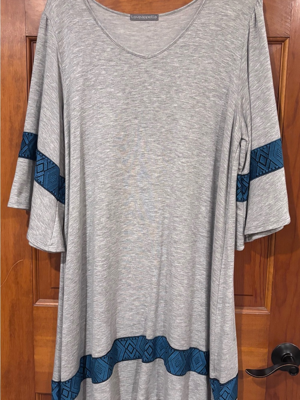 Loveappella Gray V-Neck Dress with Teal Trim